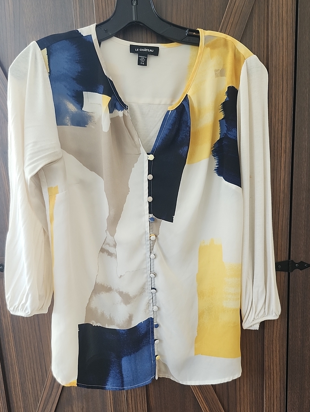 le chateau Cream Blouse with Yellow and Navy Abstract Print